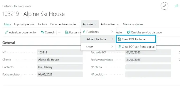Opción para crear XML de factura en la interfaz de Adderit Facturae.