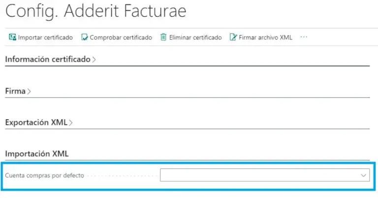 Configuración de la cuenta de compras por defecto en Adderit Facturae.