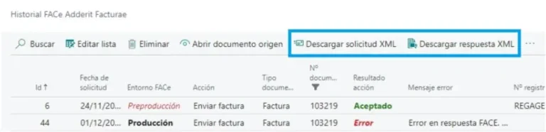 Opción en el menú superior para descargar archivos XML en la interfaz de Adderit Facturae.