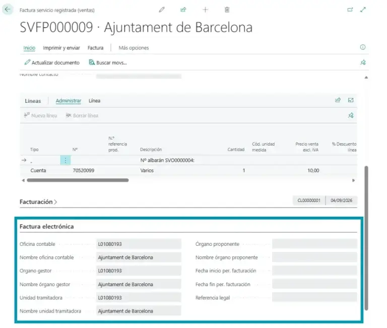 Sección de configuración de factura electrónica en la interfaz de Adderit Facturae.