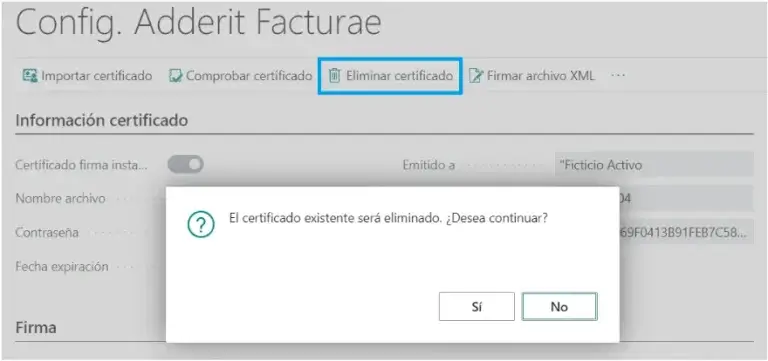 Mensaje de advertencia para eliminar el certificado digital en Adderit Facturae.