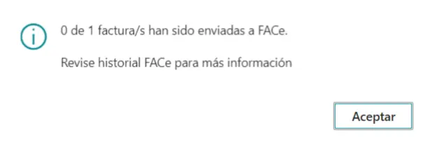 Mensaje de error indicando que no se ha podido enviar la factura a FACe.