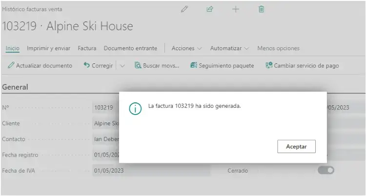Aviso de éxito indicando que el archivo PDF ha sido generado correctamente en Adderit Facturae.