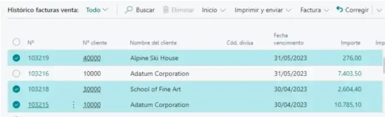 Listado de facturas a exportar en la interfaz de Adderit Facturae.
