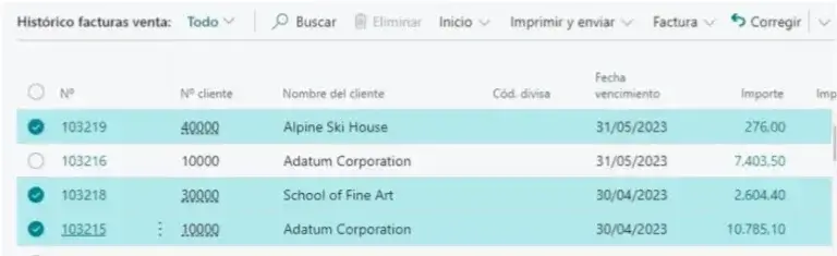 Listado de facturas preparadas para exportar en formato PDF dentro de la interfaz de Adderit Facturae.