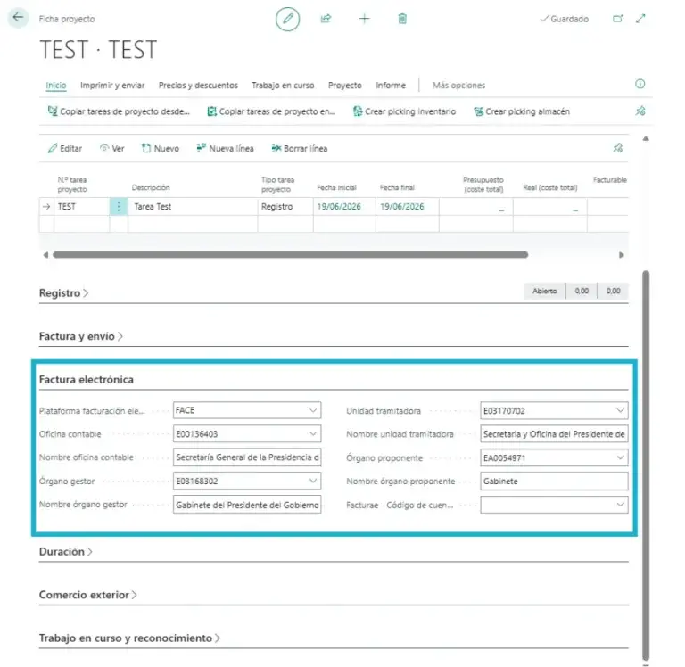 Configuración de la ficha de proyecto en Adderit Facturae.