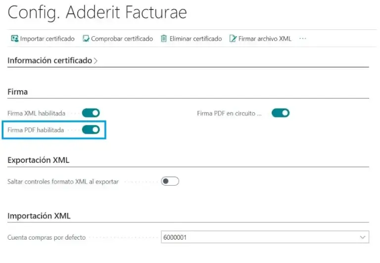 Configuración con la opción de firma PDF habilitada en Adderit Facturae.