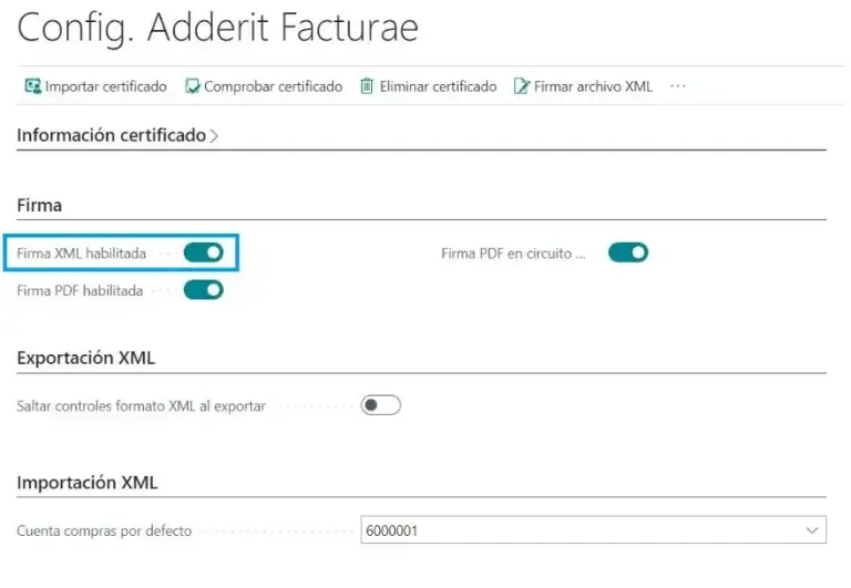 Configuración con la opción de firma XML habilitada en Adderit Facturae.