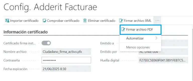 Opción de configuración para firmar un archivo PDF en Adderit Facturae.
