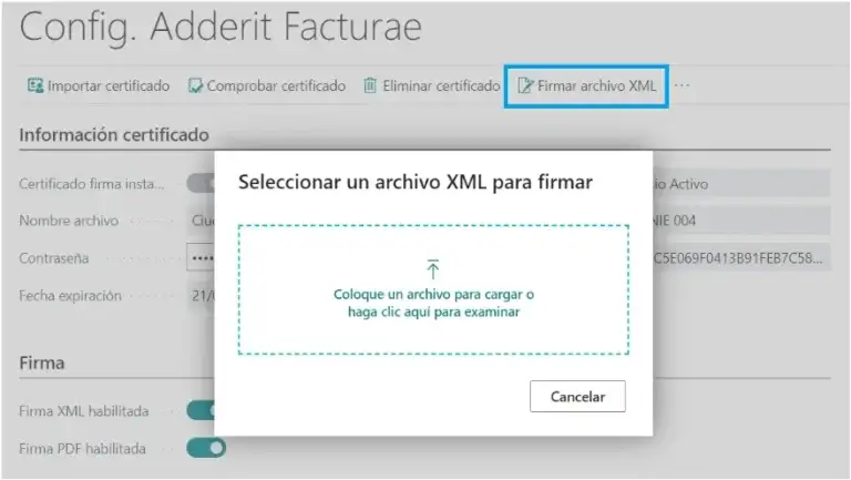 Ventana para seleccionar y firmar un archivo XML en Adderit Facturae.