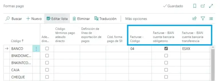 Configuración de formas de pago en la interfaz de Adderit Facturae.