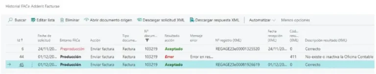 Historial de documentos FACe en la interfaz de Adderit Facturae.