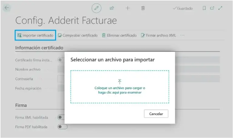 Ventana emergente para importar certificados digitales en Adderit Facturae.