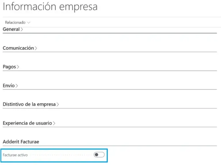 Sección de configuración de información de empresa en Adderit Facturae.
