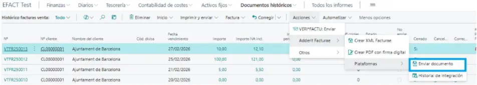 Listado del histórico de facturas de venta en la interfaz de Adderit Facturae.