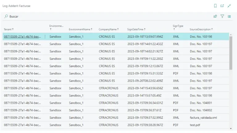 Log de operaciones de firma digital en la interfaz de Adderit Facturae.