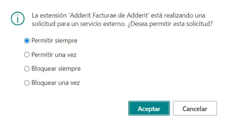 Opción para permitir solicitud de permiso externo en Adderit Facturae.