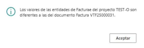 Mensaje de advertencia o aviso informativo sobre las entidades de factura del proyecto en Adderit Facturae.