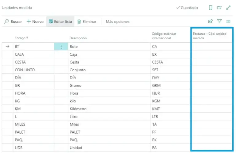 Listado y configuración de unidades de medida en Adderit Facturae.