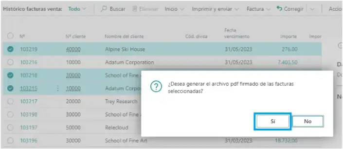 Mensaje de confirmación para generar archivos PDF firmados de las facturas en Adderit Facturae.