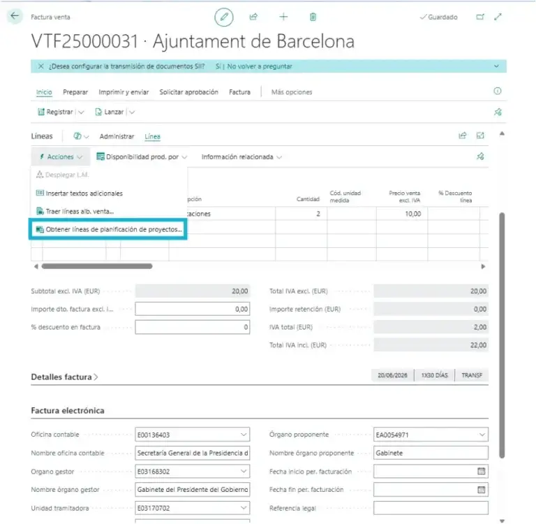 Configuración de factura de venta en la interfaz de Adderit Facturae.