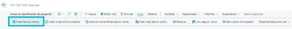 Barra de herramientas o menú superior con opciones de test y tarea en Adderit Facturae.