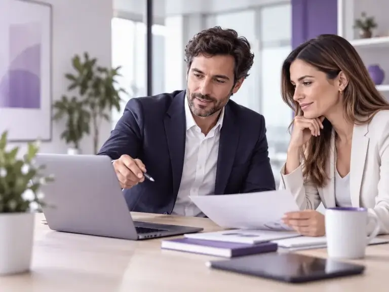 Consultor y cliente revisando un proyecto de Microsoft Dynamics 365