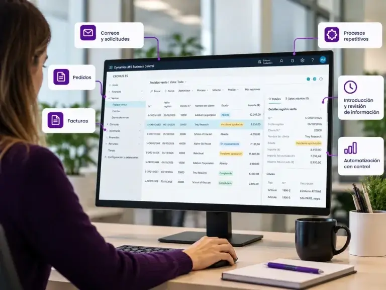 Profesional supervisando procesos automatizados con agentes de IA en Microsoft Dynamics 365 Business Central.