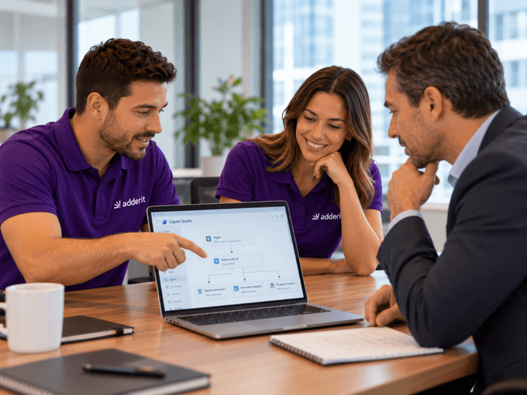 Consultores de Adderit analizando con un cliente un flujo de Microsoft Copilot Studio.