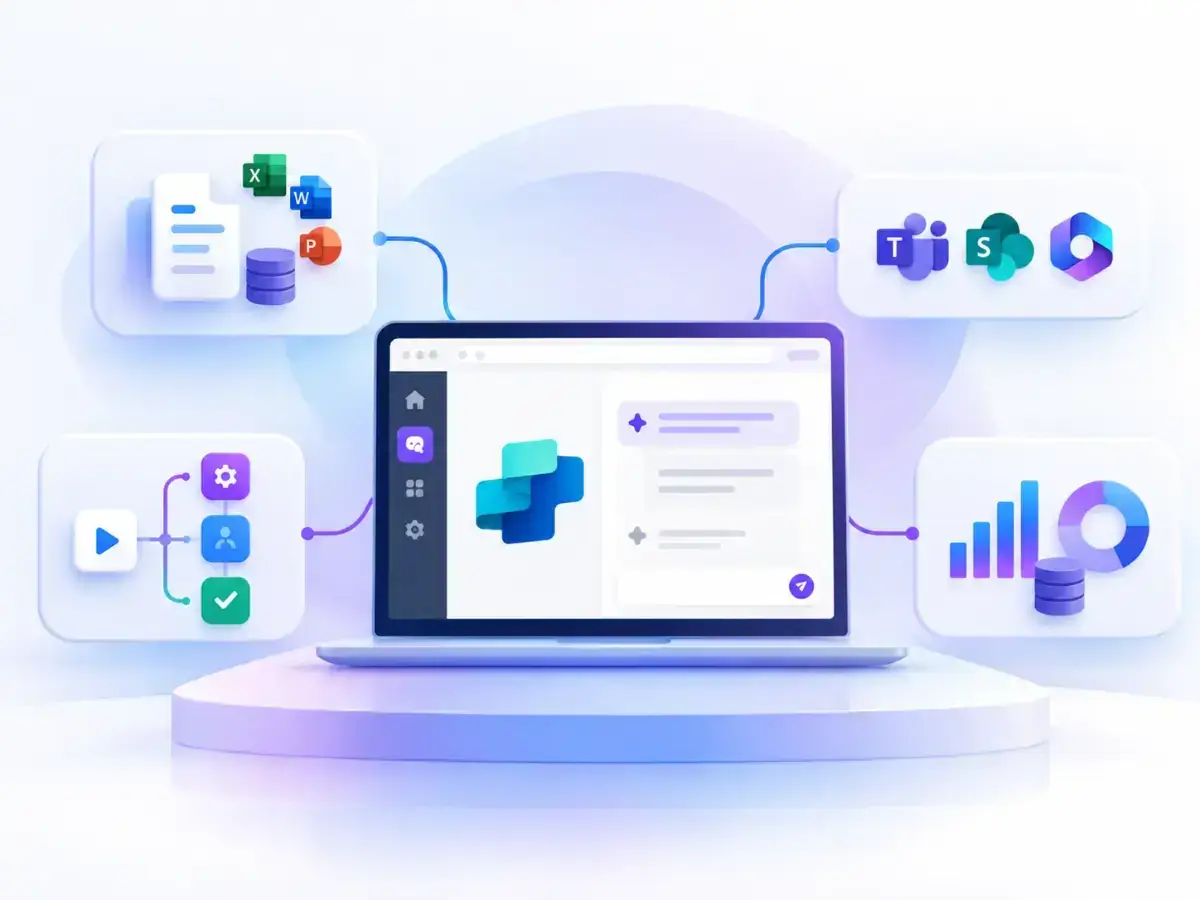 Ilustración de Microsoft Copilot Studio conectado con datos, aplicaciones y procesos empresariales.