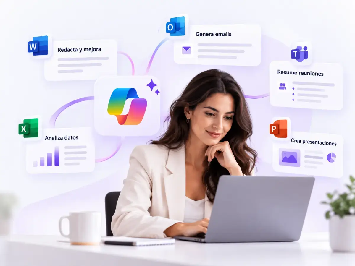 Profesional utilizando Microsoft 365 Copilot con Word, Excel, Outlook, Teams y PowerPoint.