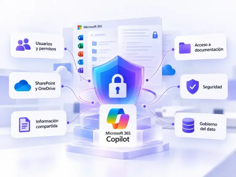 Ilustración sobre seguridad y gobierno del dato en Microsoft 365 Copilot, con usuarios, permisos, SharePoint, OneDrive y control de accesos.