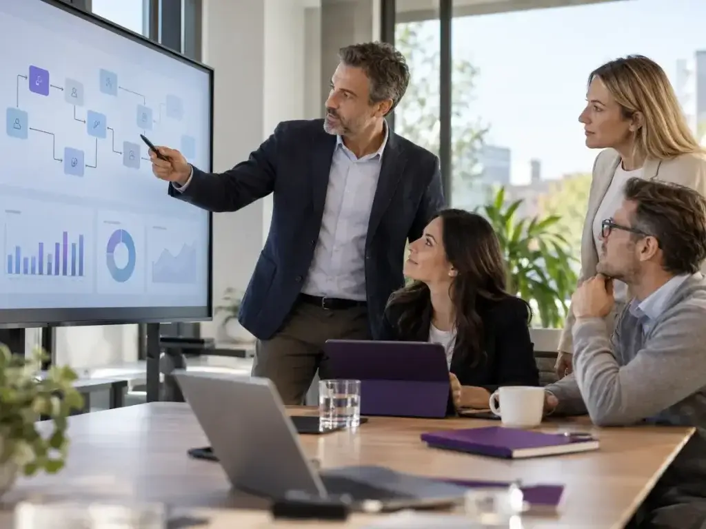 Profesionales analizando procesos empresariales y herramientas digitales durante una reunión tecnológica.