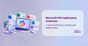 Ilustración 3D de Microsoft 365 Copilot con Word, Excel, Teams, Outlook y PowerPoint para empresas.
