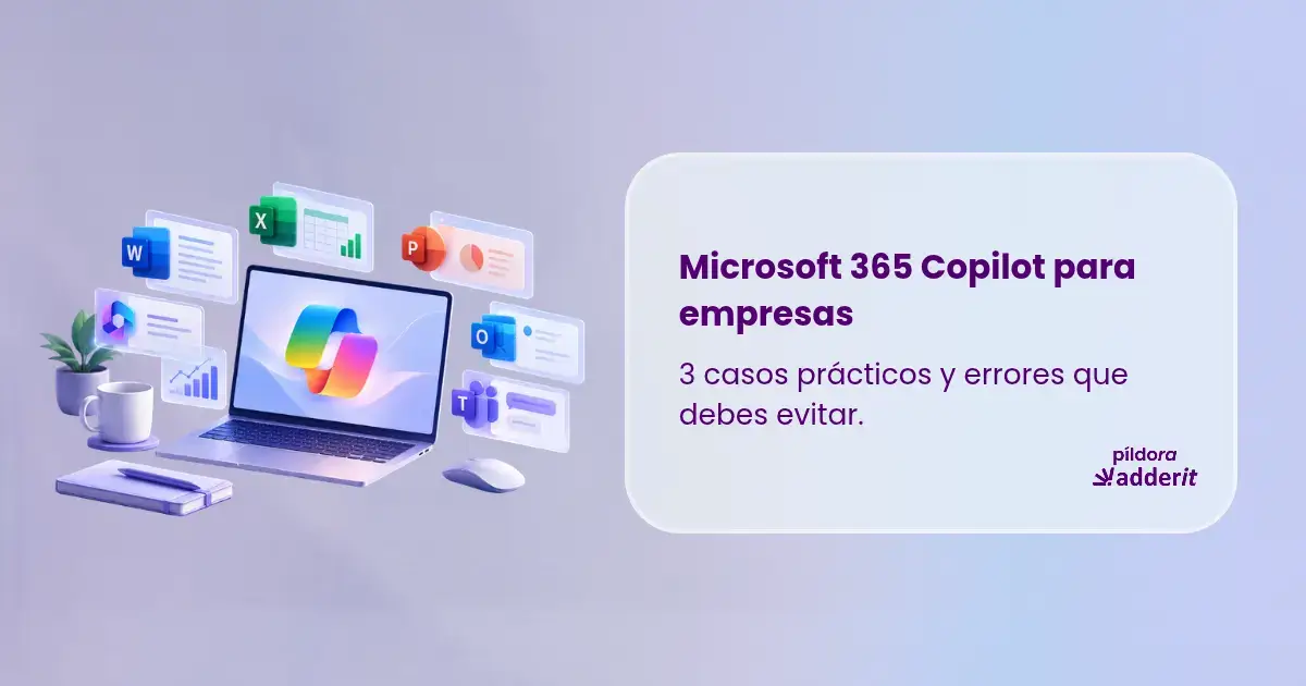 Ilustración 3D de Microsoft 365 Copilot con Word, Excel, Teams, Outlook y PowerPoint para empresas.